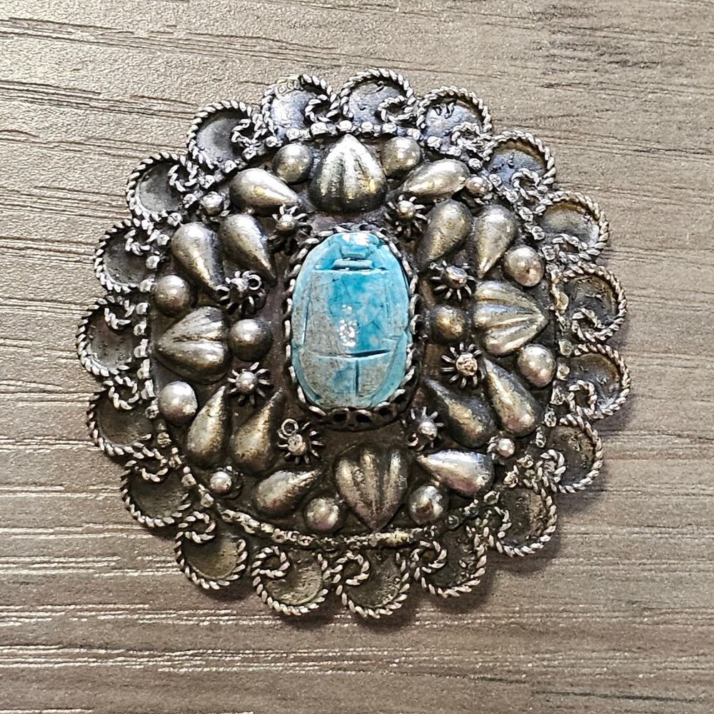 Vintage Egyptian Revival Brooch  - Blue Scarab Cabochon set in Silver Filigree